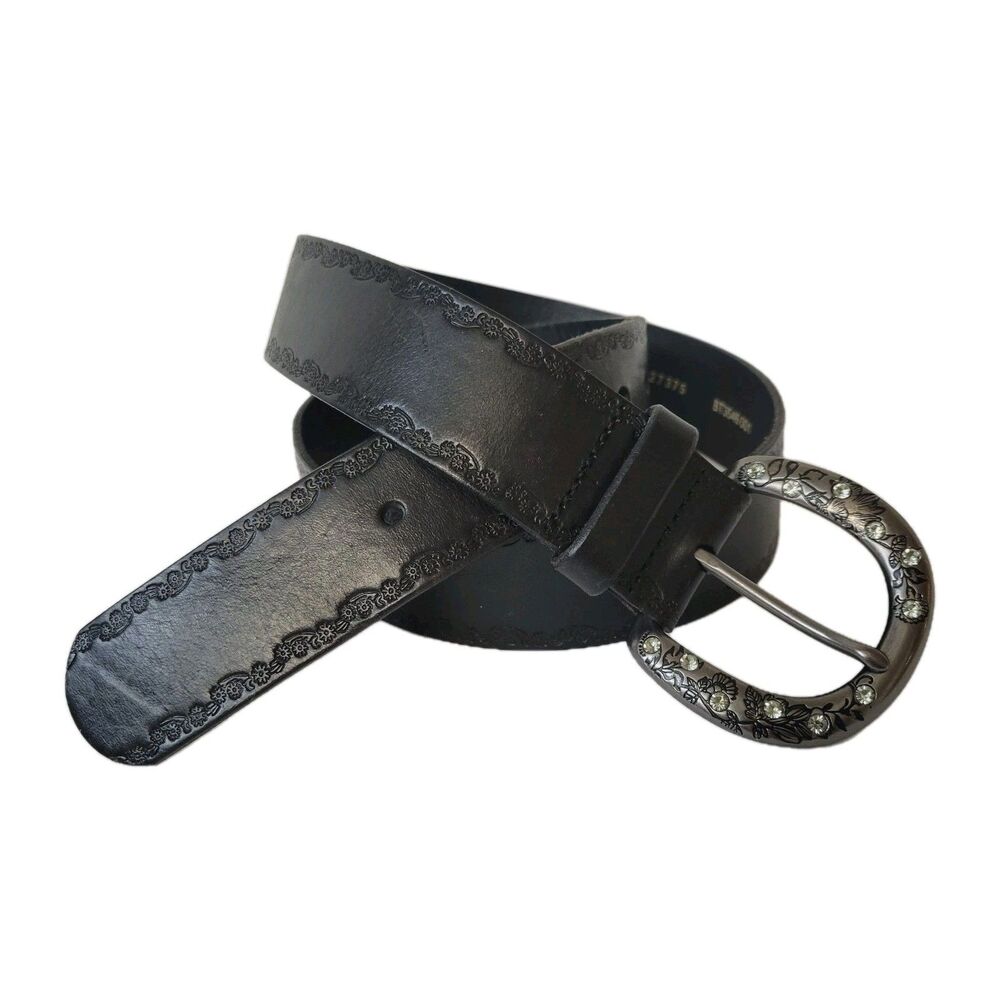 Vtg Boho Fossil Leather Black Embossed Bejeweled Buckle Women Belt Sz L - Picture 2 of 11